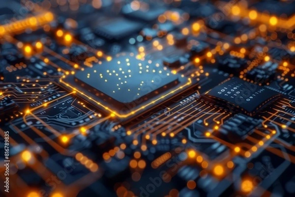 Obraz Close-up of a computer microchip with glowing orange and blue lights on a circuit board.