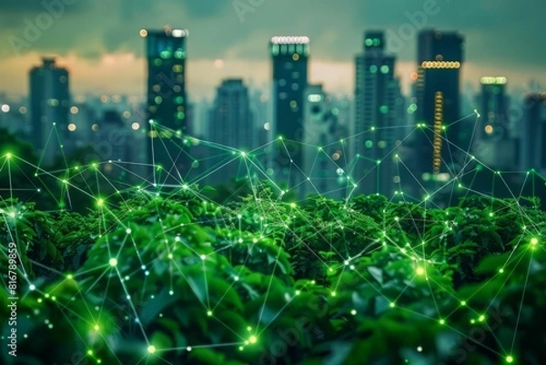 Obraz Cityscape and nature, harmony of urban life and environment.