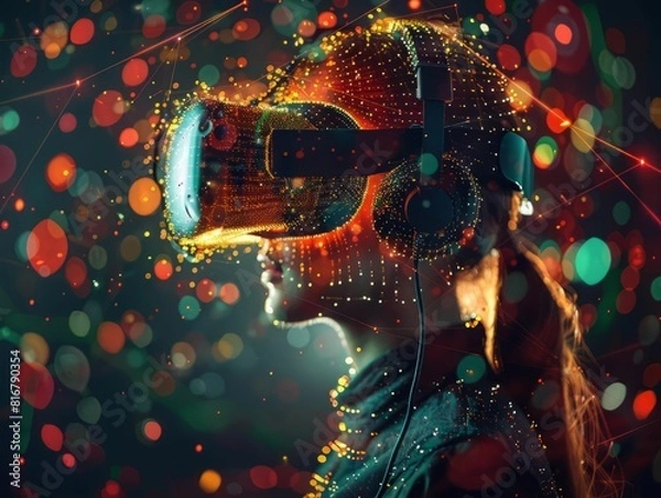 Fototapeta The woman wearing a virtual reality headset is completely immersed in the virtual world.
