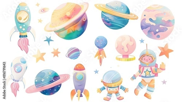 Fototapeta Colorful Cosmic Adventure Featuring Astronauts Planets and Intergalactic
