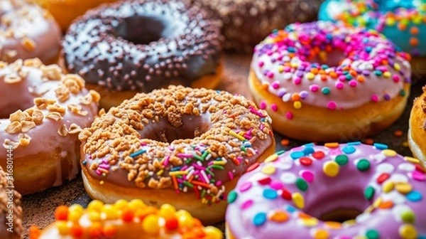 Fototapeta Assorted colorful doughnuts with various toppings.
