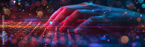 Fototapeta A banner-style image showcasing a hand typing on a computer keyboard with a search bar icon, representing web UI design and online searching technology. The background is blurred.