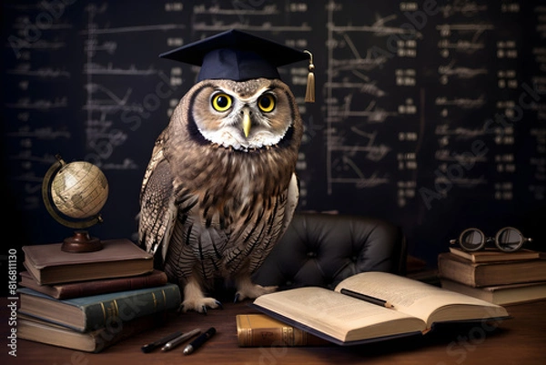Obraz Wise owl with black graduation cap on top of an old school teacher desk full of books and with a blackboard behind.