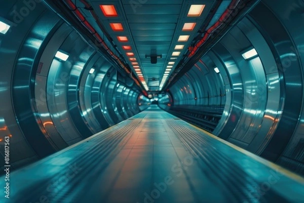 Fototapeta Long walkway in a subway station, suitable for transportation concepts