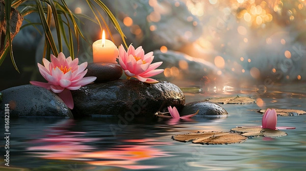Fototapeta a candle with lotus flowers and a of rock, in the style of spectacular backdrops