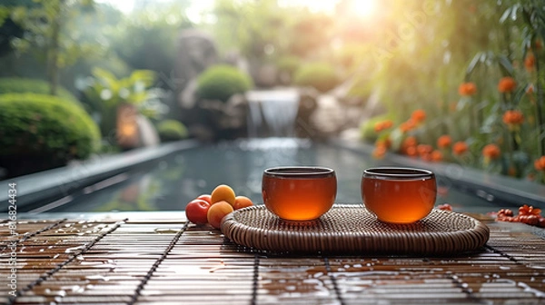 Fototapeta A bamboo woven tea table, there are tea and fruits, the natural light is filtered softly. the sun is shining brightly in a traditional Chinese courtyard