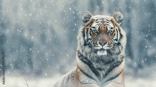 Fototapeta Tiger resting in the snow during a snowfall.