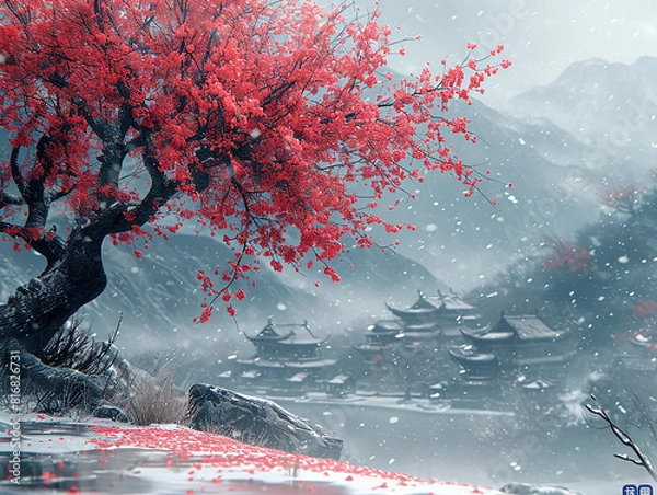 Fototapeta A beautiful red flower tree, snow falling in the background