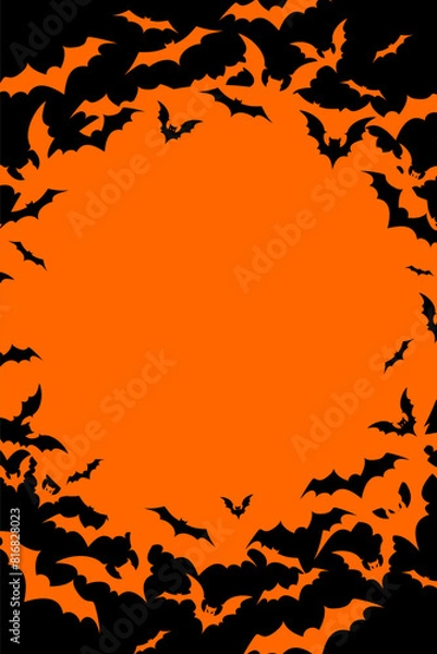 Fototapeta Vertical Halloween banner with black bats on the orange background. Illustration with text.
