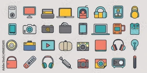 Obraz A set of vector icons in a flat style. The icons are of various electronic devices and objects.