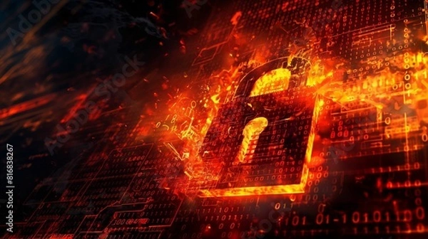 Fototapeta Digital lock with binary code and flames.