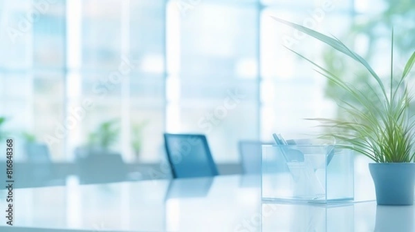 Fototapeta Dynamic blur: modern business office interior, ideal for corporate concepts and meetings - light blue tones create inviting atmosphere.

