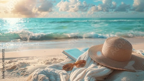 Fototapeta An artistic composition of a sunhat, sunglasses, and a novel lying on a beach chair, with the calm ocean stretching out behind, offering a tranquil background with space for inspirational text,