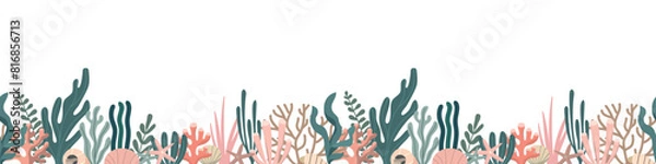 Fototapeta Seaweed and corals horizontal seamless border pattern. Hand drawn plants botanical texture. Great for fabric, textile, apparel, digital paper. Isolated on white background