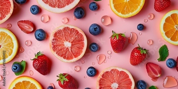 Fototapeta Citrus Dream: Vibrant Slices of Oranges, Grapefruits, Strawberries, and Blueberries on a Pink Canvas
