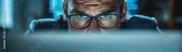 Fototapeta Businessman staring intensely at a laptop screen showing a system hack warning, isolated on white