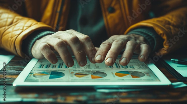 Fototapeta A person is using a tablet to look at graphs