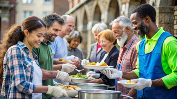 Obraz Volunteers close up are serving meal to homeless