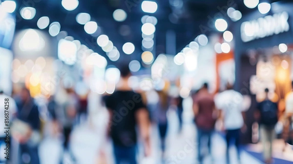 Fototapeta Blurred image of people walking in a busy indoor event or exhibition hall with bright lights and booths in the background.