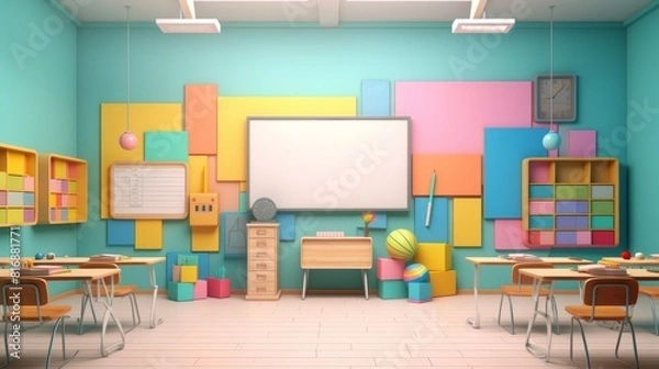 Fototapeta Colorful and creative classroom with lots of bright colors and fun learning materials.