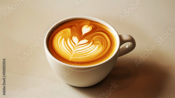 Fototapeta A close-up view of a latte in a white cup, featuring intricate heart-shaped latte art on the creamy foam surface, set on a neutral background.