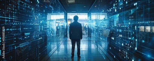 Fototapeta A businessman interacting with Internet of Things (IoT) devices in a modern office.