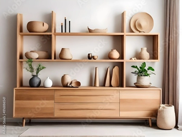 Fototapeta Wooden shelves. White wall. Ideas for DIY and decoration.