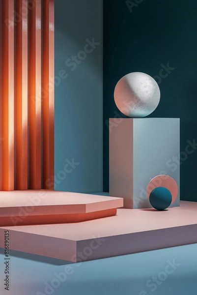 Fototapeta Minimal product display, podium, contrast of orange, pink and blue, circular object and  Square, minimal decoration, geometric elements