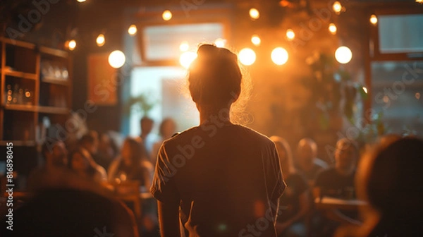 Fototapeta expressive image of a young person performing poetry with a captivated audience