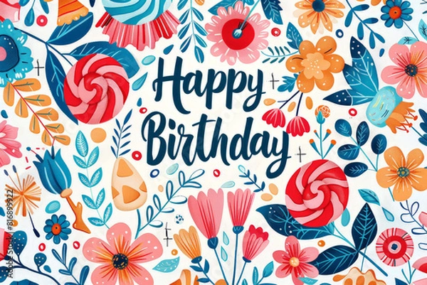 Fototapeta A birthday card featuring vibrant flowers and lollipops in various colors, creating a cheerful and festive atmosphere