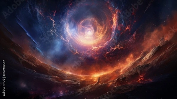 Fototapeta Dynamic galaxystar fusion, bold illustration with stellar explosions, front perspective