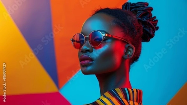Obraz Fashion model with round sunglasses stylish striped outfit against vibrant geometric background ideal for editorial use