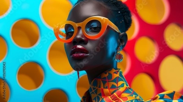 Obraz Fashion model with afro hairstyle colorful outfit and geometric background ideal for editorial use