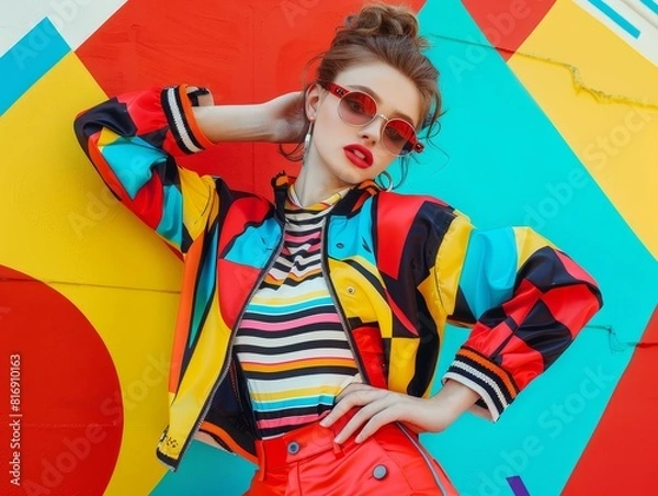 Obraz Fashion model with orange glasses and bold patterned outfit against vibrant polka dot backdrop ideal for fashion ads