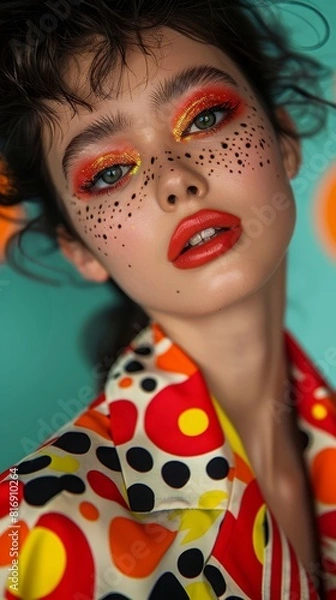 Obraz Fashion model with vibrant eye makeup colorful attire and bold lips suitable for high-fashion editorials