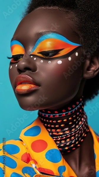 Obraz Portrait of fashion model with artistic makeup and colorful outfit perfect for beauty editorials and campaigns