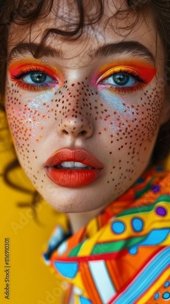 Obraz Vibrant close-up of fashion model with artistic eye makeup colorful attire and glossy red lips perfect for beauty ads