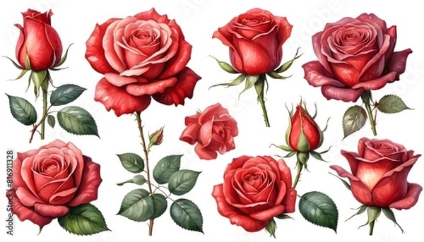 Obraz Set of red roses, watercolor illustration isolated on a white background