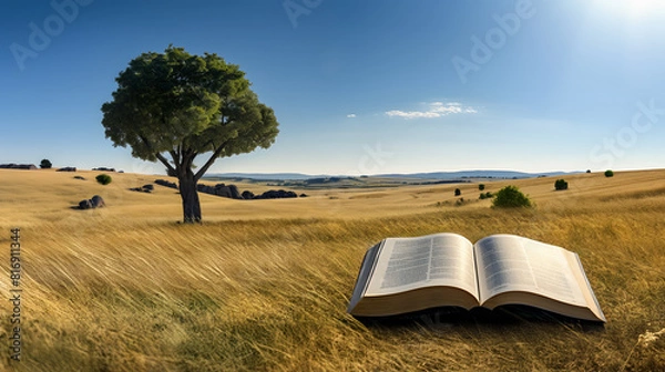 Obraz Holy Bible on a golden field. Natural landscape with green tree, blue sky & sun light. Metaphor for God's presence, wisdom of the word coming to life, personal growth through Christian faith.