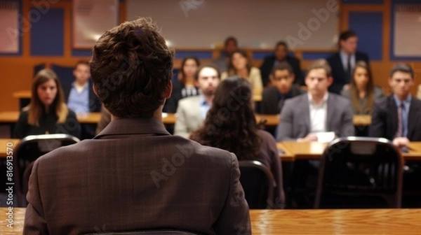 Fototapeta A man in a suit is seated in front of a group of people, engaged in a presentation or meeting.