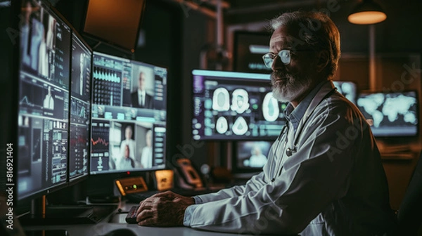 Obraz A man in a lab coat is sitting in front of a computer monitor with a smile on hi