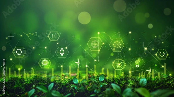 Fototapeta Net zero and carbon neutral concept. Net zero greenhouse gas emissions target. Climate neutral long term strategy with green net zero icons. Environment web banner with green city vector template.