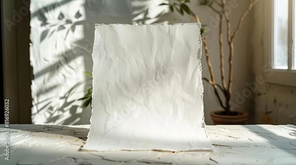 Fototapeta A blank sheet of paper sits on a wooden table
