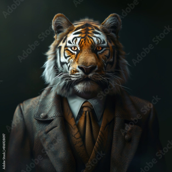 Fototapeta Tiger dressed in an elegant and modern suit with tie. Creative illustration with tiger, 3D render