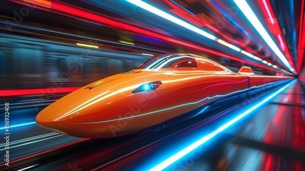 Fototapeta Neon lit tunnel with sleek high speed train racing through in a futuristic display