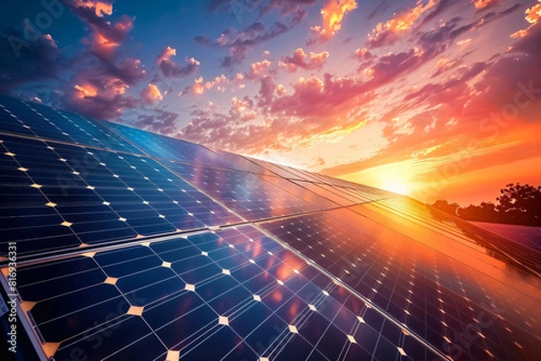 Obraz Solar Panels Under Sunlight Sunset - Generative AI.