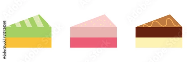 Fototapeta Birthday cake slice set line. Different flavor pieces. Delicious dessert, pastries. Cute cartoon food. Flat design Isolated white background Vector illustration. EPS 10.