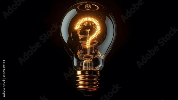 Fototapeta A light bulb with the shape of a question mark glowing and shining brightly against a black background. warm golden glow.
