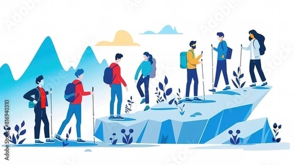 Fototapeta A group of diverse hikers ascend a steep mountain. They are wearing colorful clothing and carrying backpacks. The background is a blue sky with white clouds.