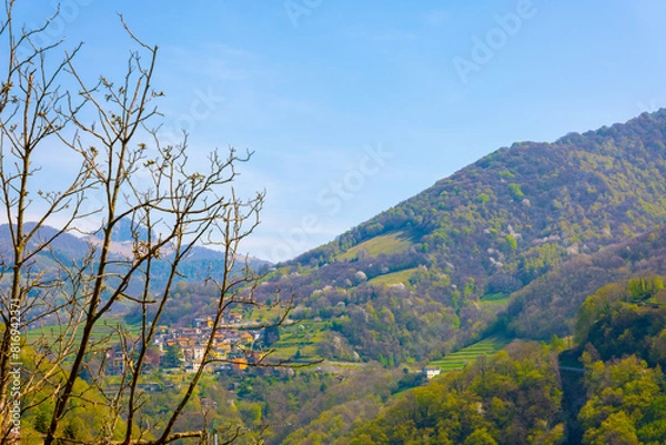 Obraz Muggia Valley with Village and Mountain in a Sunny Day in Ticino, Switzerland